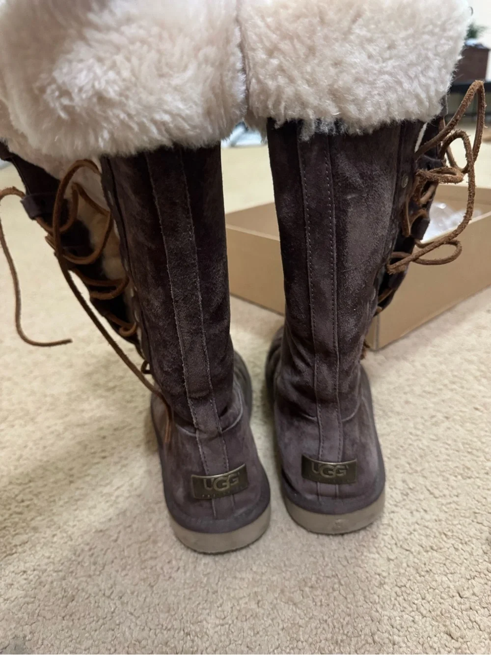 UGG Gray Suede Shearling Lace-Up Winter Boots